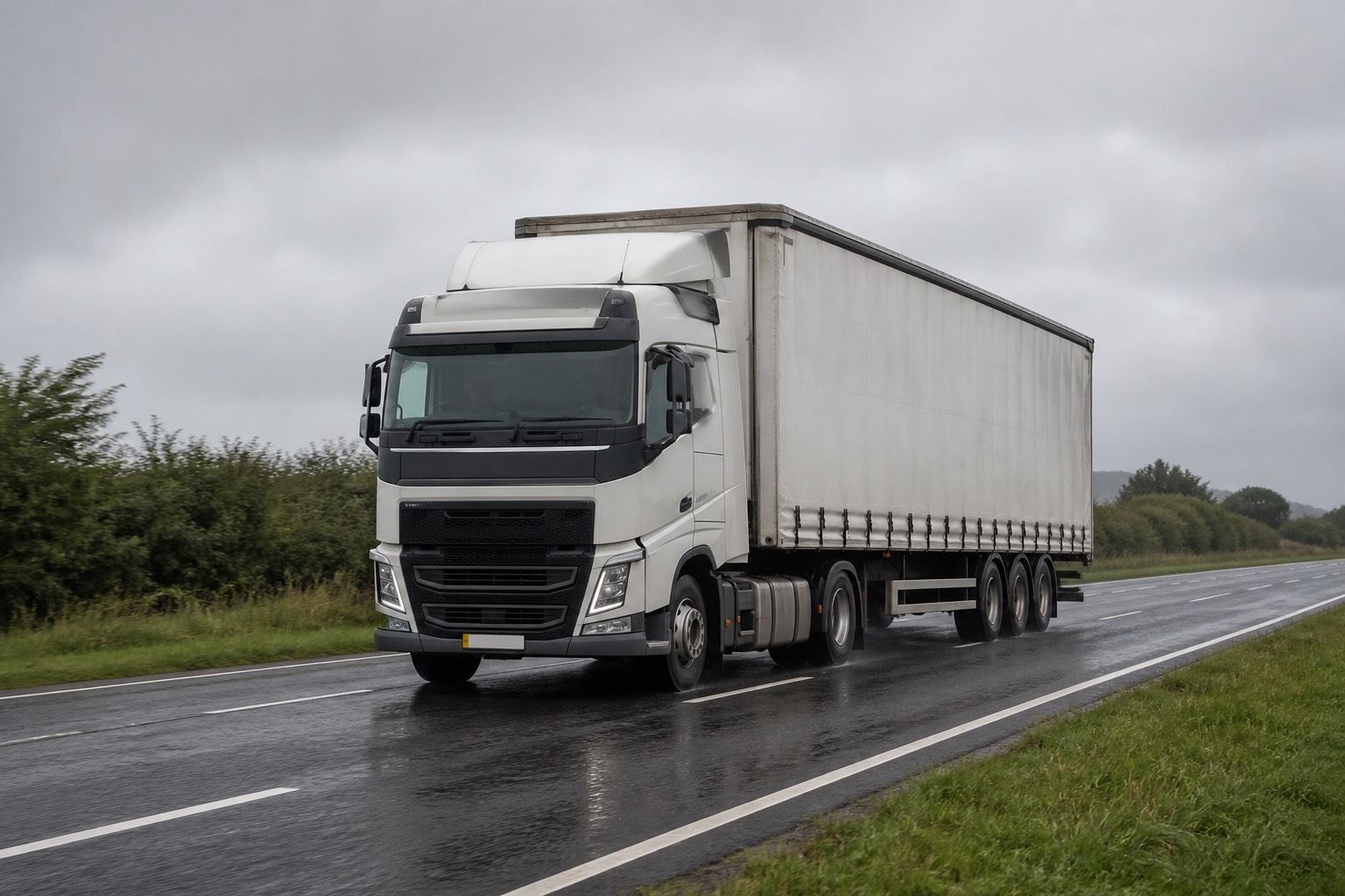 European cab-over truck and curtainsider trailer on an Irish road, the type of commercial vehicle fitted at Newrath